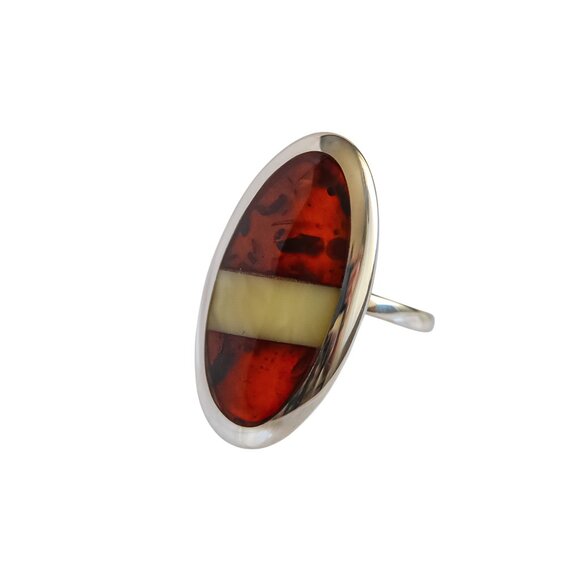 Baltic Cognac and White Amber Oval Cut Statement Ring in 925 Sterling Silver - Picture 3 of 6